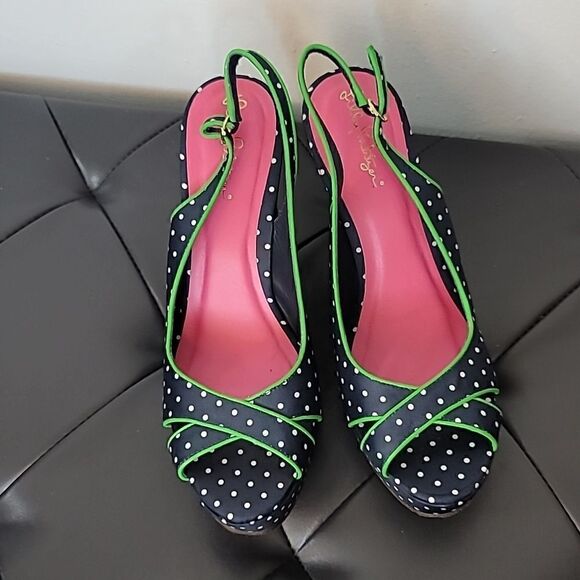 Lilly Pulitzer Polka Dot Wedge Peep Toe Sandals Navy White - Picture 11 of 11